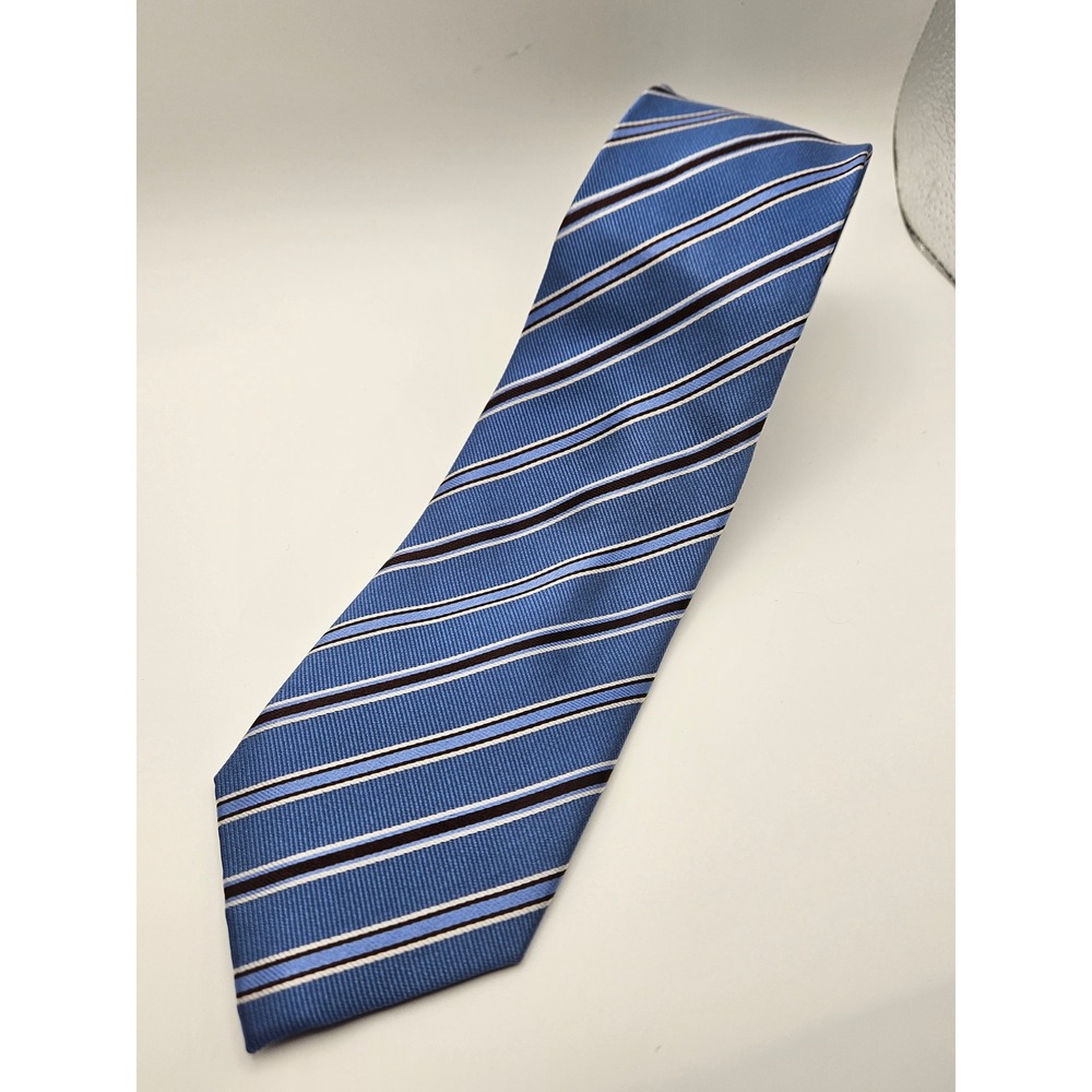 Tasso Elba Mens Venice Stripe Silk Tie Blue‎ Brown White Handmade EM201028